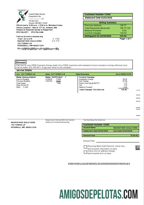 imprimível Modelo de comprovante de endereço de eletricidade nos EUA Novo México em formatos Word e PDF
